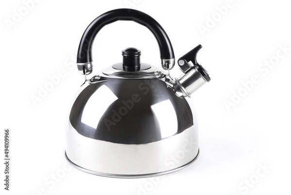Fototapeta A steel kettle isolated on a white background. A Grey metal kettle
