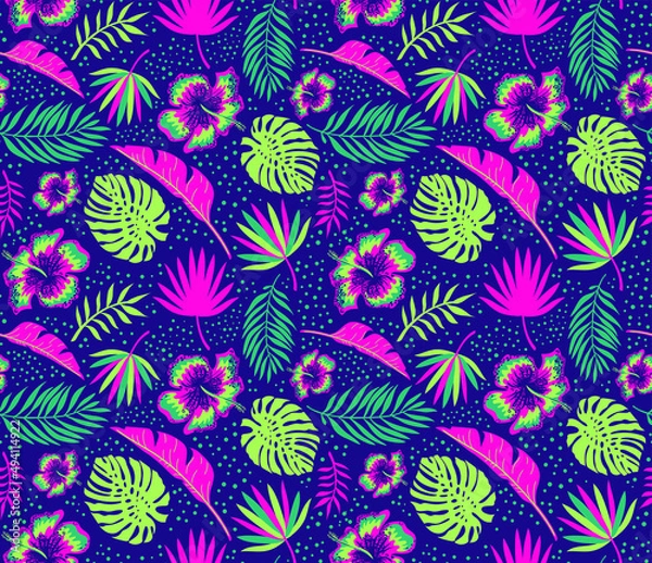 Fototapeta Seamless contemporary tropical surface pattern design. Bright colorful neon modern art design with palm leaves, monstera, hibiscus for paper, fabric, textiles, interior decor.