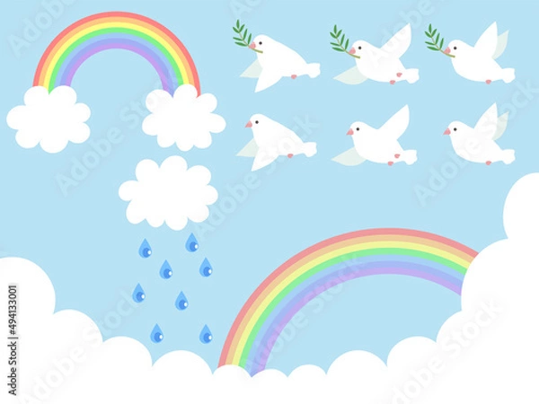 Obraz 虹とハトのイラストセット