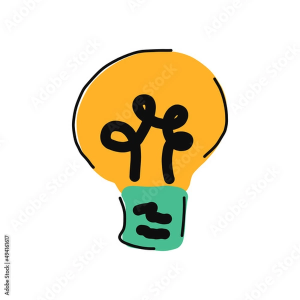 Fototapeta Yellow light bulb line icon. Isolated on white background. Creative thinking concept. Vector illustration flat design. Outline lighting electric lamp. bright idea sign.