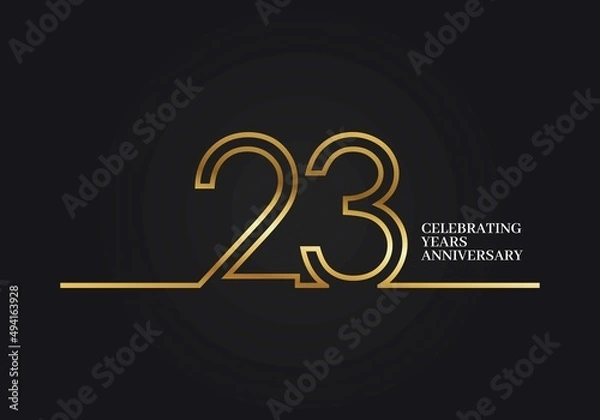Fototapeta 23 Years Anniversary logotype with golden colored font numbers made of one connected line, isolated on black background for company celebration event, birthday