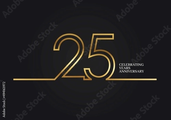 Fototapeta 25 Years Anniversary logotype with golden colored font numbers made of one connected line, isolated on black background for company celebration event, birthday