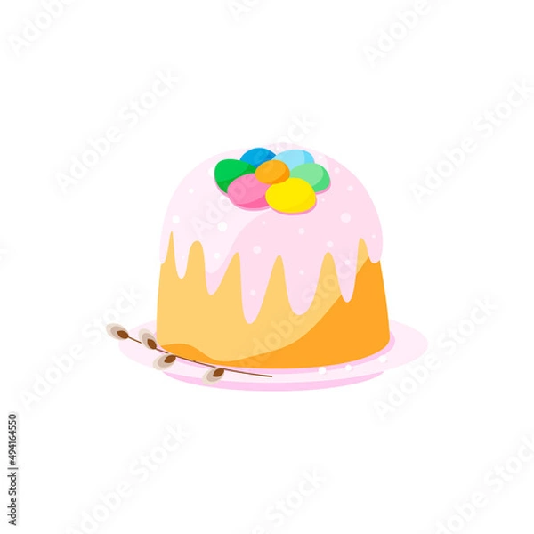 Obraz Cute Happy Easter cake on pink plate with willow twig.