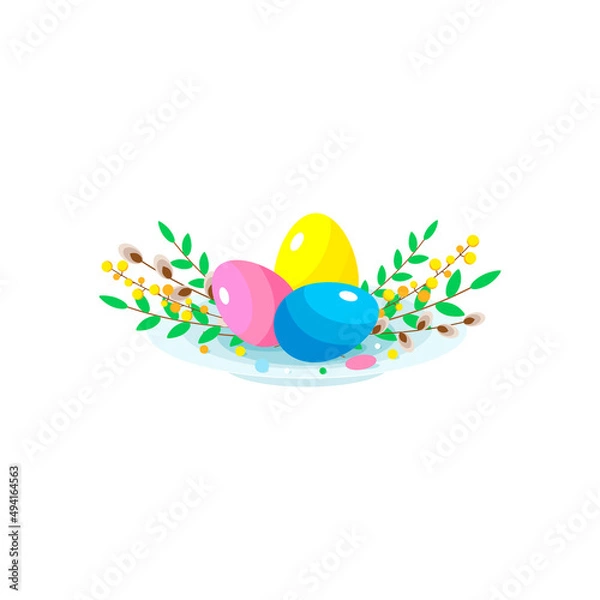 Obraz Cute Happy Easter plate with colorful eggs, willow, mimosa and green twigs.