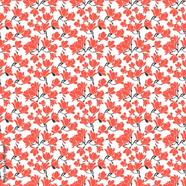 Obraz Cute seamless pattern with red blooming magnolias twigs on white background