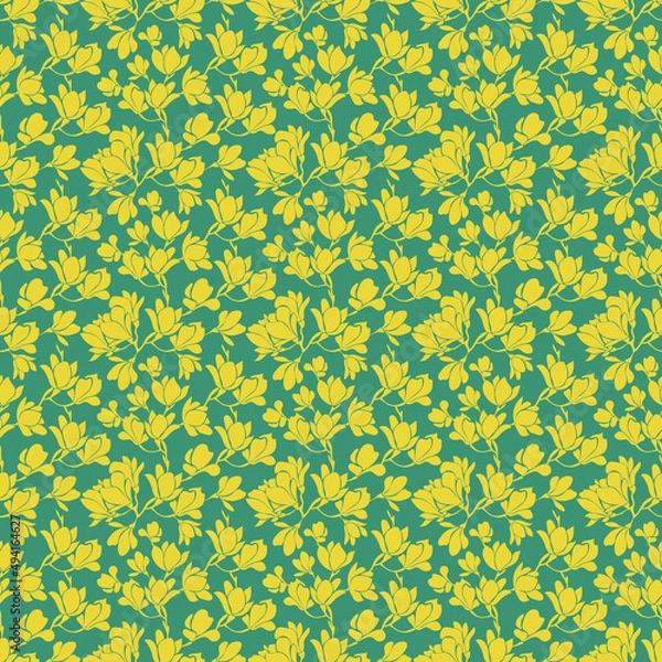 Obraz Cute seamless pattern with yellow blooming magnolias twigs on emerald background.