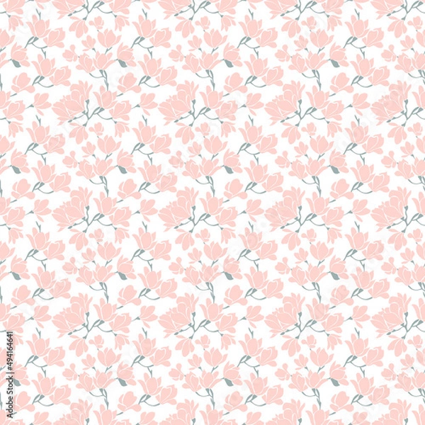 Obraz Cute seamless pattern with pink blooming magnolias twigs on white background