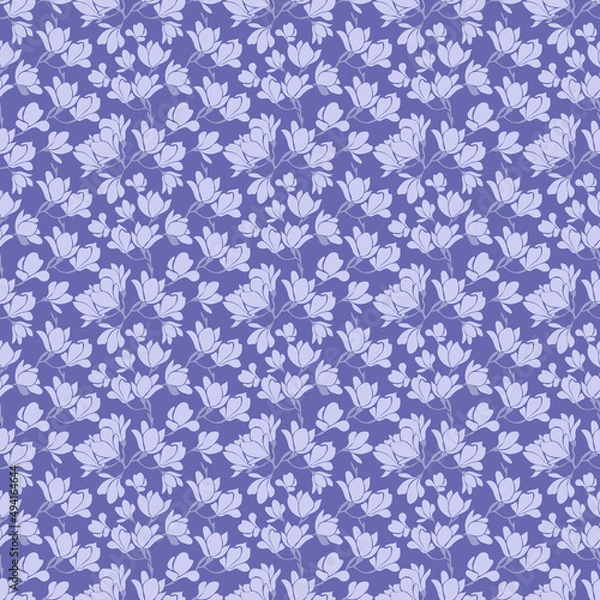 Obraz Cute seamless pattern with blue blooming magnolias twigs on very pery background