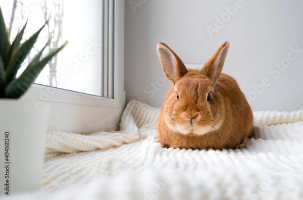 Fototapeta Cute brown little bunny rabbit lying on plaid on windowsill indoors near window. Adorable little pet at home