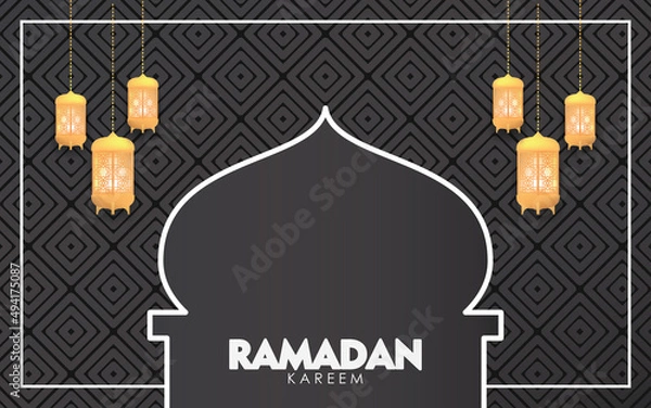 Fototapeta Ramadan Kareem Greeting Card. Black Mosque and Gold lanterns on Black Background Vector Illustration.