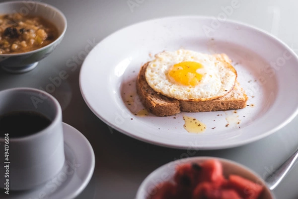 Fototapeta healthy breakfast with egg and toasts