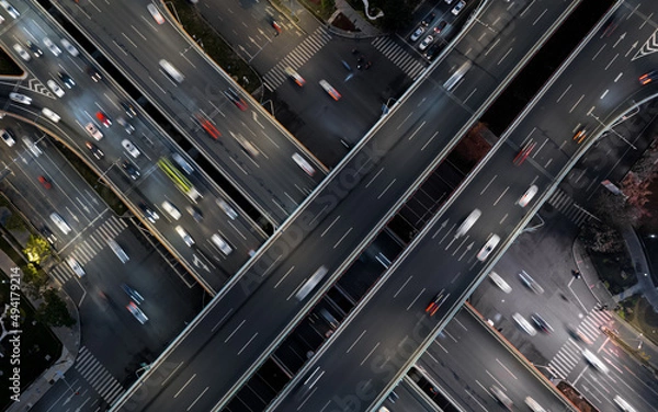 Fototapeta Aerial top down of multilevel elevated road huge traffic junction in modern metropolis city. Night long exposure motion blur of vehicles. Modern development of infrastructure and motorways in China.