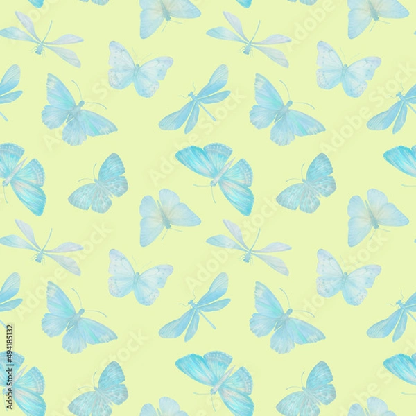 Fototapeta Digitally processed seamless botanical pattern. Raster texture of animalistic design. Delicate watercolor butterflies collected in a seamless pattern for design.