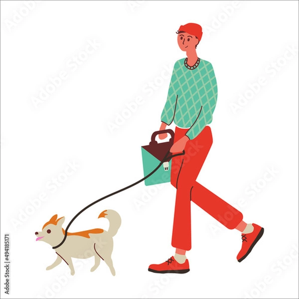 Obraz 
guy with a dog walking on a leash vector illustration