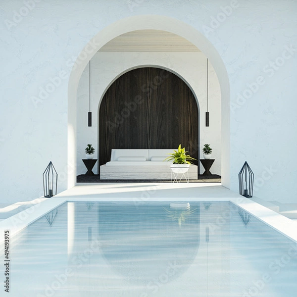 Fototapeta Bedroom sea view & Beach living - Santorini island style / 3D rendering