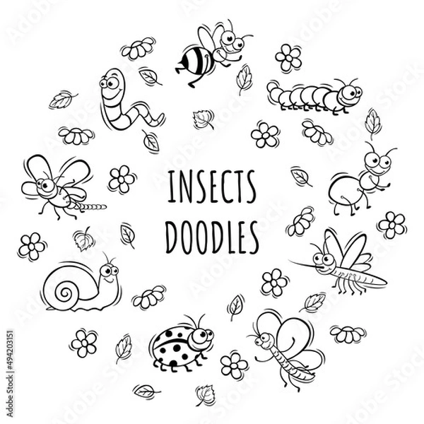 Obraz Hand drawn icons set of cute insect in doodle sketch style. Vector illustration for icon, background, frame design.
