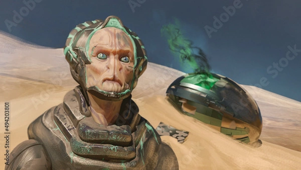 Fototapeta Digital 3d illustration of an alien creature stranded in the desert with his crashed escape pod in the background