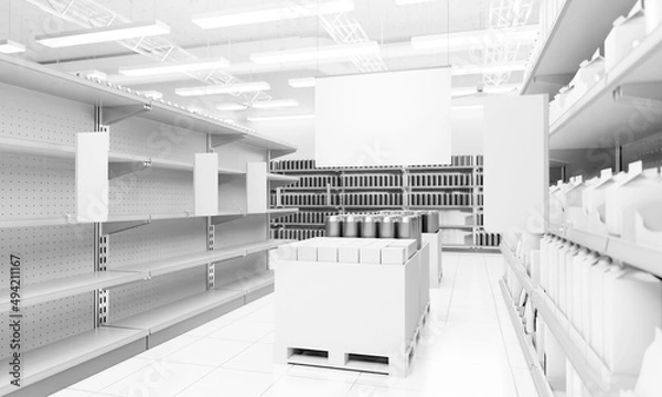 Fototapeta Blank product box with white hangers, Shelves in supermarket, Banner hangging in store, 3D rendering