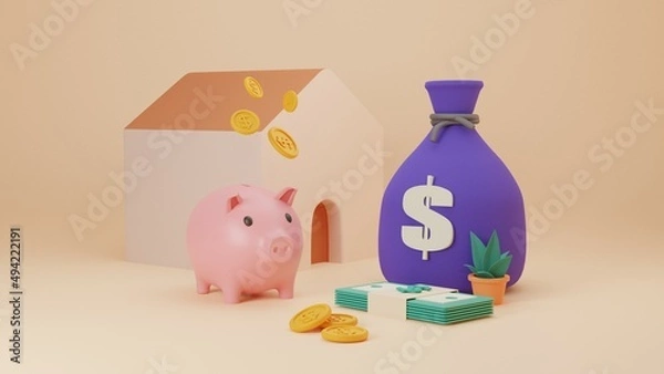 Obraz 3d rendering of money investment concept gold coins money bags banknotes houses future planning Illustration on a 3D rendering background.