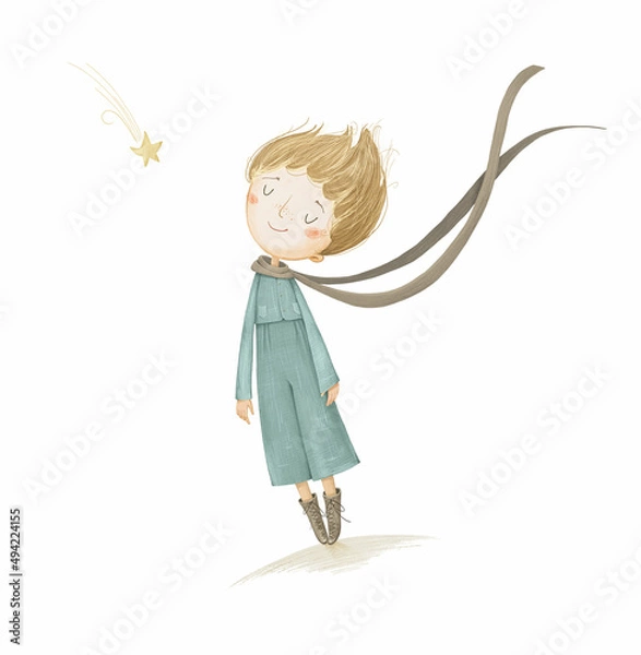 Fototapeta A hand-drawn little prince on a white background. Stock illustration.