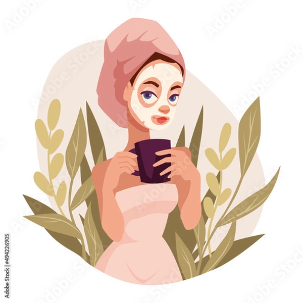 Obraz Young woman uses a cosmetic face mask. In the hands of a mug of tea. Skincare routine, mask applying and cosmetics. Beauty routine. Vector illustration.