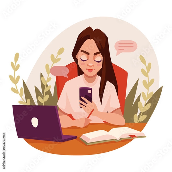 Obraz Girl  working или studying with laptop at home, sitting at table. Hangs up in chats on a smartphone instead of work, study. Procrastination concept. Women routine, everyday life. Vector illustration.