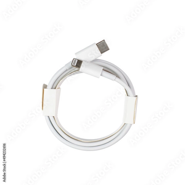 Obraz Usb lightning white data cable on white, isolate.