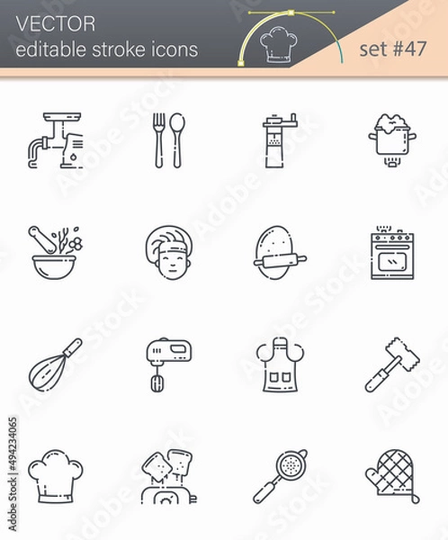 Fototapeta Set of editable stroke vector line icons of kitchen utensils, cooking tools and equipmen