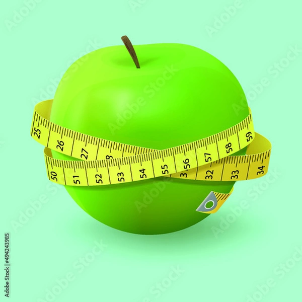 Obraz Apple and tape measure. Sports and diet. Health. Vector illustration, symbol of health, sports, proper nutrition