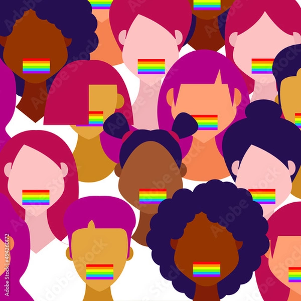 Obraz Vector illustration - a group of women of different races with rainbow gags taped over their mouths. Concept rights of lesbians