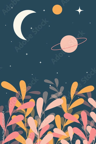 Fototapeta Seamless background with flowers and moon, stars and planets.