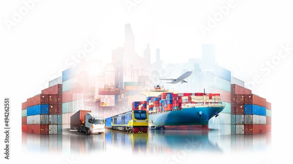 Obraz Global logistics transportation import export of containers cargo ship, freight train and airplane with red container truck at port shipping dock yard on city white background with copy space