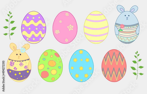 Fototapeta Easter eggs and bunnies.
Color illustration of Easter eggs. Eight colored eggs with patterns. Two rabbits: a boy and a girl. Idea for Easter cards and children's books.