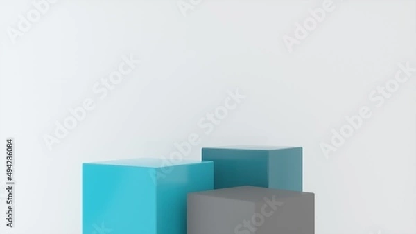 Fototapeta Three empty grey blue stands and abstract white geometry background. Podium, pedestal, platform for cosmetic product presentation, showcase. Minimalist mock up scene, concept template. 3d render