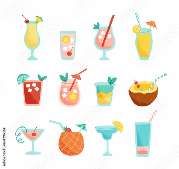 Fototapeta Vector set of tropical cocktails. Collection of hand drawn drinks for summertime in trendy retro style. Isolated design elements on white background.