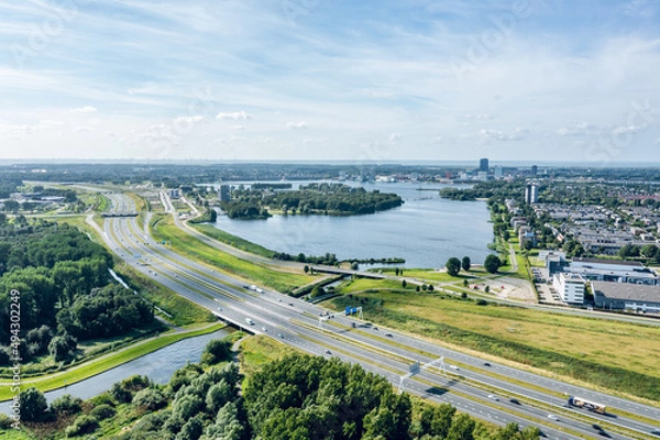 Obraz Aerial view on Almere city center, Weerwater lake, A6 highway and Floriade