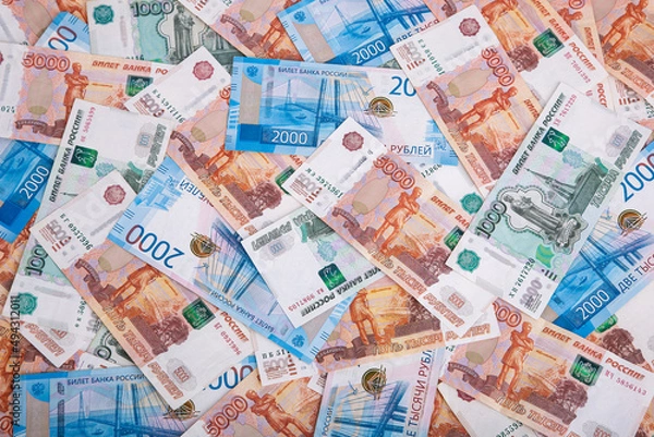 Obraz Background of Russian banknotes in denominations of 1000,2000 and 5000 rubles