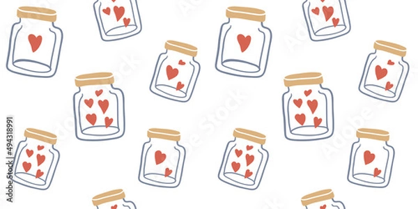 Obraz glass bottle and hearts. funny seamless background.
