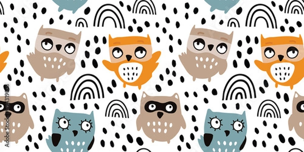 Obraz seamless funny owl vector illustration, owl seamless pattern with dots, rainbows