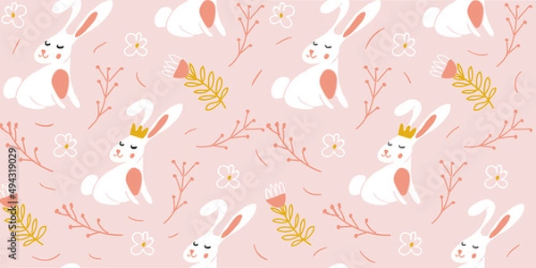 Obraz Rabbits and flowers are white on a pink background.Pattern for greeting cards, decor, textile, fabric, background, wrapping paper.