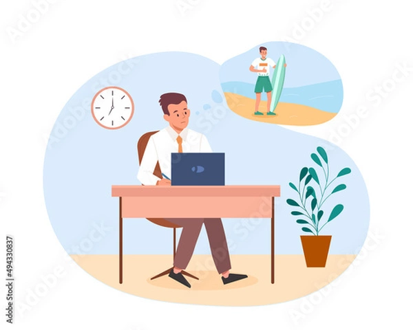 Fototapeta Dreaming about vacation. Man at computer thinks about beach. Tropical countries, travel and adventure. Manager or employee presents himself with board on sea. Cartoon flat vector illustration