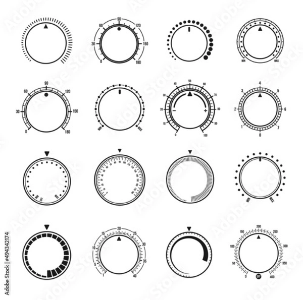 Fototapeta Volume round knob switches and music sound control interface, vector regulator dials. Linear flat volume level buttons for music player app or sound aux tuner UI, min and max switch knob circles
