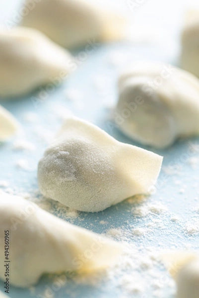 Fototapeta Close-up of wontons. Some freshly wrapped wontons were placed on a silicone mat. 