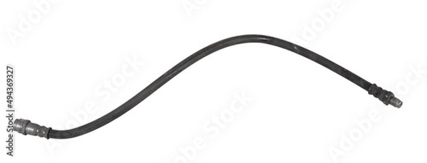 Fototapeta Used brake hose close-up on a white isolated background in a photo studio - high-pressure sleeve and two metal tips for connecting to the cylinders. Replacement parts in a car service