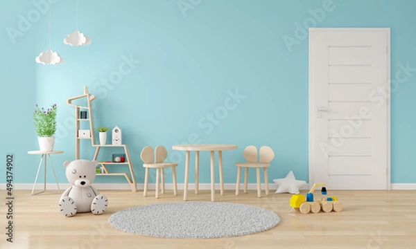 Fototapeta Chair and table in blue child room interior with copy space, 3D rendering