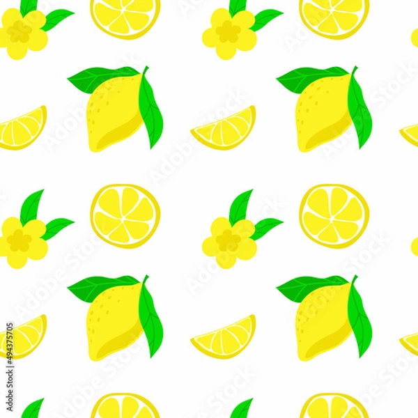 Fototapeta Seamless pattern of bright lemons, hand-drawn elements. Summer. Yellow lemons with leaves and flowers on white background. Suitable for textiles and packaging.