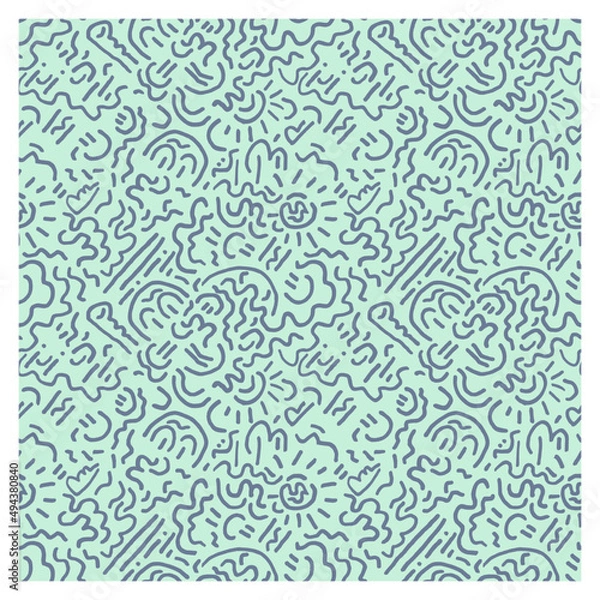 Fototapeta Pattern drawn by a line of doodles forming abstract objects and character.