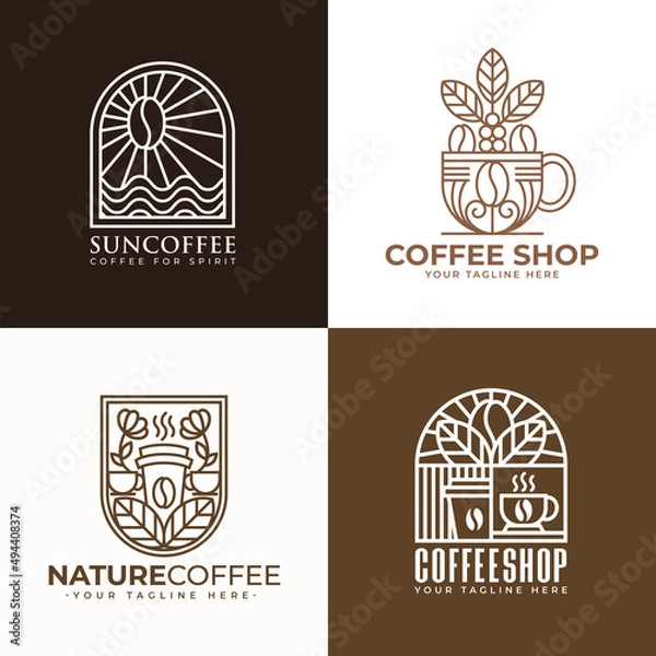 Fototapeta Set of line art coffee logo and icon templates