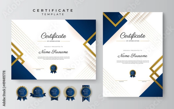 Obraz Modern elegant blue and gold diploma certificate template