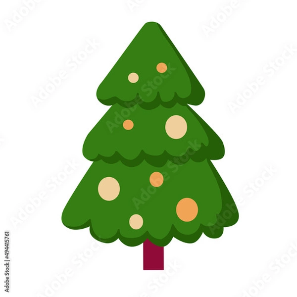 Fototapeta Christmas tree in green color with yellow decorations. Decorative element in flat style. 
